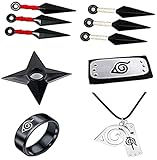 Genérico anime cosplay pack de accesorios,collar colgante,anillo,bandana,3 kunai blancos,3kunais rojos y una estrella...