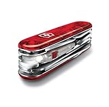 Victorinox Huntsman Lite Navaja con 21 funciones, incluyendo hoja, gancho multiusos y luz LED, color rojo transparente