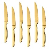 Bisda Juego de 6 Cuchillos de carne oro serrado Steak Knives acero inoxidable sierra Cuchillo para Carne 22cm de largo...