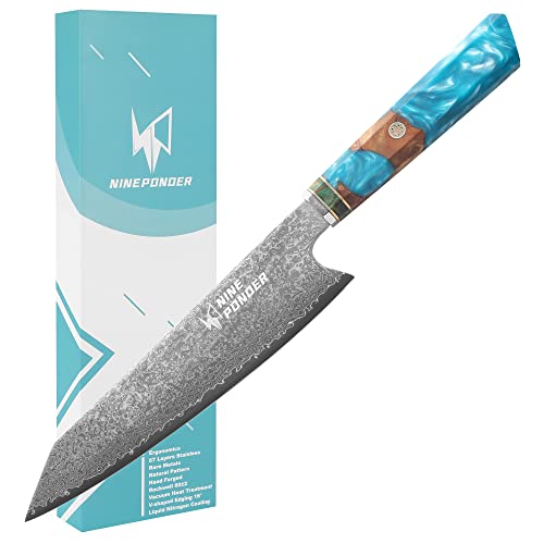 Nineponder 8'' Gorgeous Series Damascus Chef Knife Ocean Blue Damascus Cortadores de acero inoxidable Cuchillo de chef...