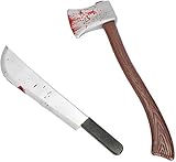 com-four 2 Piezas Conjunto de Machete y Hacha con Hoja manchada de Sangre (60 cm) para la extensión del Disfraz,...