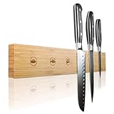 Amazy - Listón magnético para cuchillos + 15 etiquetas de tiza – Práctica barra magnética de madera de bambú maciza para un almacenamiento seguro de sus cuchillos de cocina sin cuchillos
