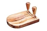 KitchenCraft Natural Elements Double Mezzaluna Knife with Wooden Herb Chopping Board (2-Piece Set)