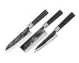 Samura Super 5 Damasco - Juego de 3 cuchillos de cocina japoneses, Nakiri, Utility, Santoku, Micarta, dureza 60 HRC