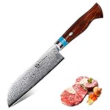 WILDMOK Cuchillo santoku profesional de 17,6 cm, 67 capas de acero de damasco, cuchillo de chef de acero de damasco,...