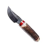 Muela Cuchillo de Caza de Lujo AFRICA-7DAM con Hoja de Acero Damasco de 7 cm y empuñadura de asta de Ciervo para Caza,...