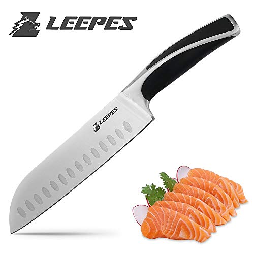 LEEPES Cuchillo Santoku 7 Pulgadas Chef Profesional Cuchillo Alemania Acero Inoxidable de Alto Carbono ABS Mango Negro...