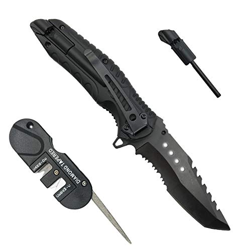 PsiRock Navaja Multiusos Cuchillo Supervivencia Profesional | Cuchillo BUSHCRAFT con Silbato y AFILADOR de navajas | Kit...