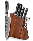 XINZUO Acero Damasco 7 Piezas Set Cuchillo Cocina, Bloque de Madera, Profesional Cuchillo Chef Santoku Fileteador...