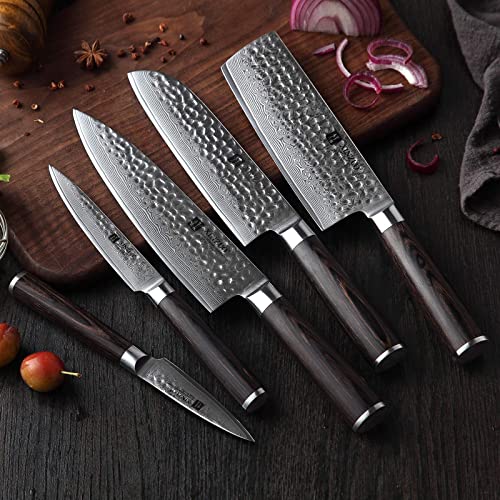 XINZUO Acero Damasco de 7 Piezas Set Cuchillo Cocina con Bloque de Madera de Acacia, Tijeras de Cocina...