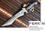 Perkin Knives Cuchillo de damasco cuchillo de caza de hoja fija con funda de cuero