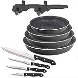 Bergner PK1526 Set 4 cuchillos cocina + 4 sartenes 20/24/26/28 CON 2 mangos Click&Cook, aluminio prensado, aptas para...