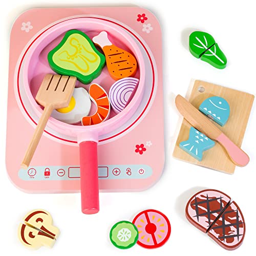 Juego de Juguetes de Cocina para Niños de Madera 16pcs Juquetes de Accesorios de Cocina con Cocina de Inducción...