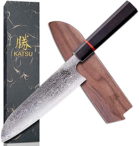 KATSU Cuchillo Santoku de cocina - Acero de Damasco - Cuchillo de cocina japonés - Mango de madera octogonal hecho a...