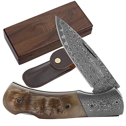 YOUSUNLONG Navaja de Bolsillo Plegable - Hoja de Acero de Damasco Total 140 mm - Cuchillo de Supervivencia con Funda de...