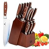 Vestaware - Juego de cuchillos de cocina, 16 piezas, con afilador de cuchillos, tijeras de cocina, madera de bloque, 6...