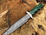 Perkin Knives Damasco Cuchillo de Caza de Acero Hecho a Mano Cuchillo de Hoja Fija - AR601, Green Wood Handle and Brass...