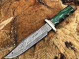 Perkin Knives Damasco Cuchillo de Caza de Acero Hecho a Mano Cuchillo de Hoja Fija - AR601, Green Wood Handle and Brass...